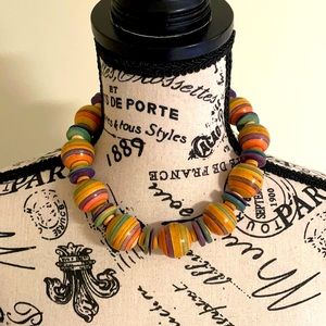 Vintage Chunky Wooden Bead Boho Necklace Multi-color